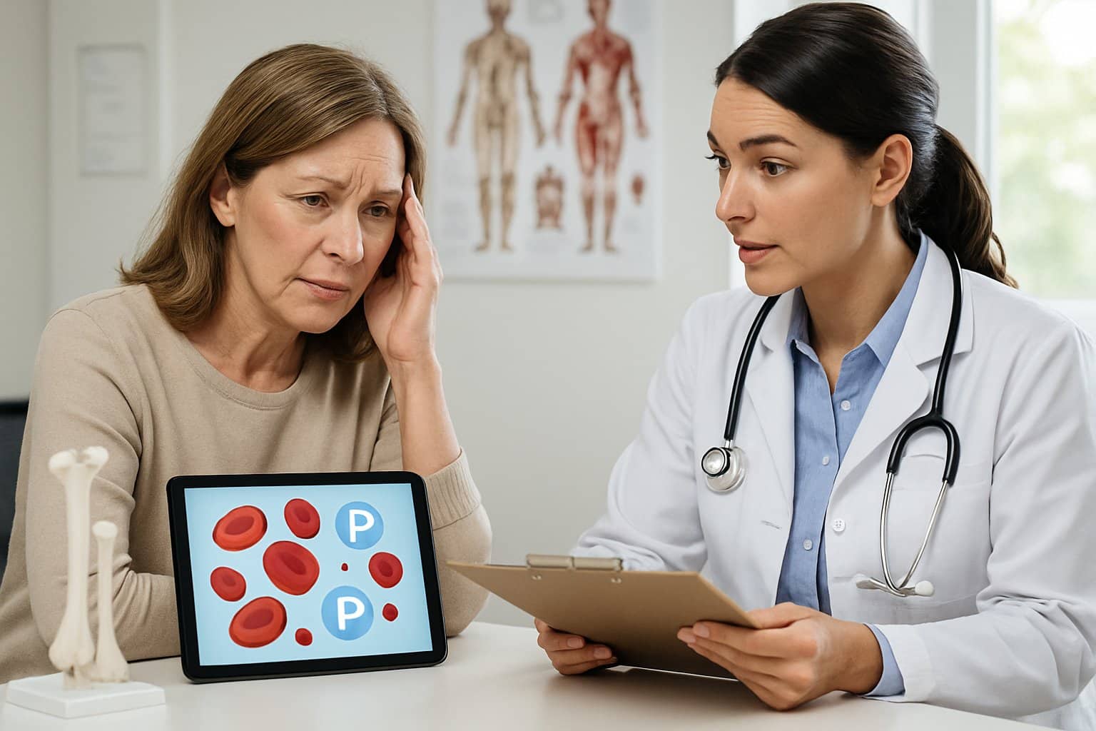 A woman talking with a doctor in a medical office with anatomical models and a tablet displaying blood-related graphics.