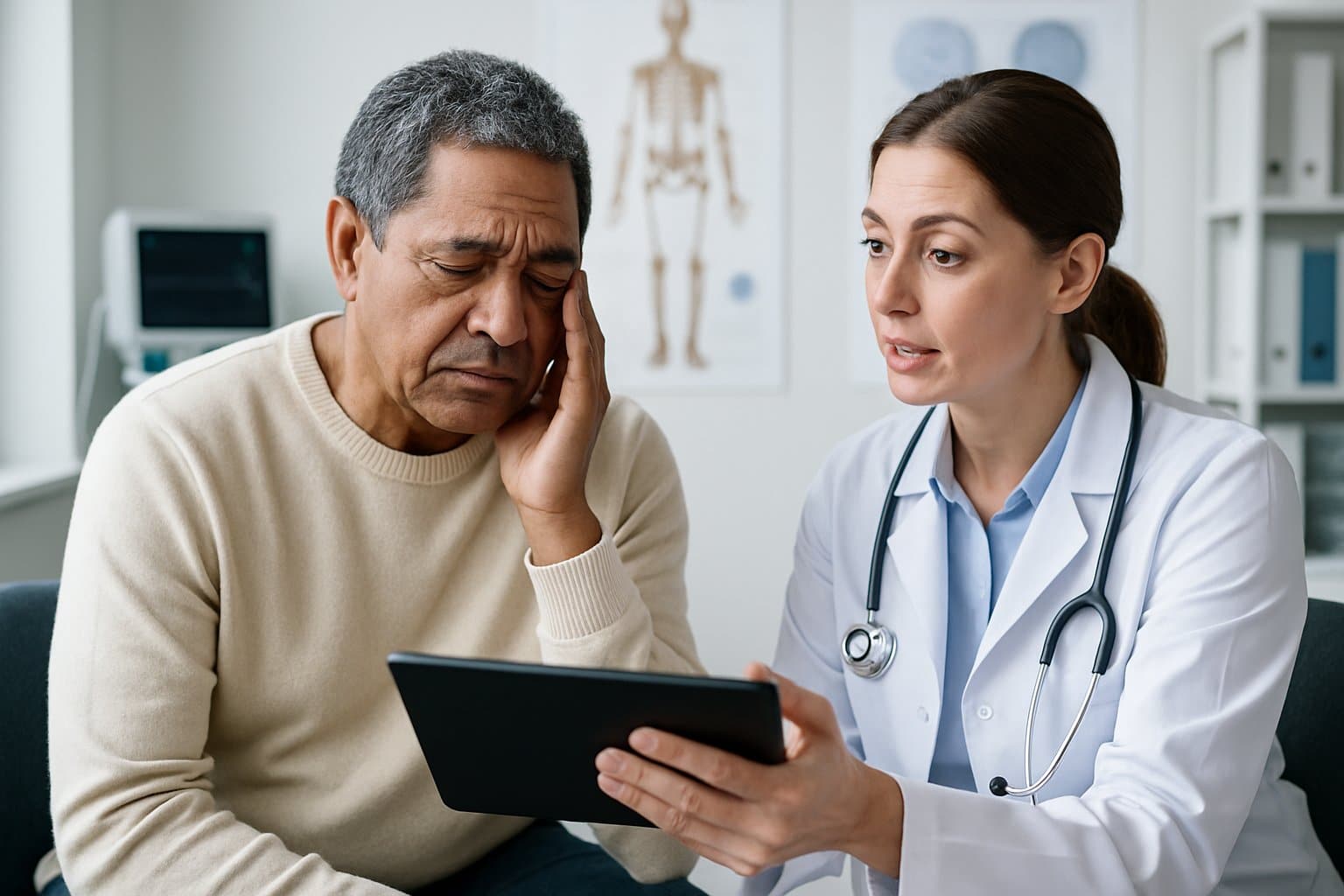 A patient in a medical clinic listening attentively to a doctor who is explaining health information using a tablet.