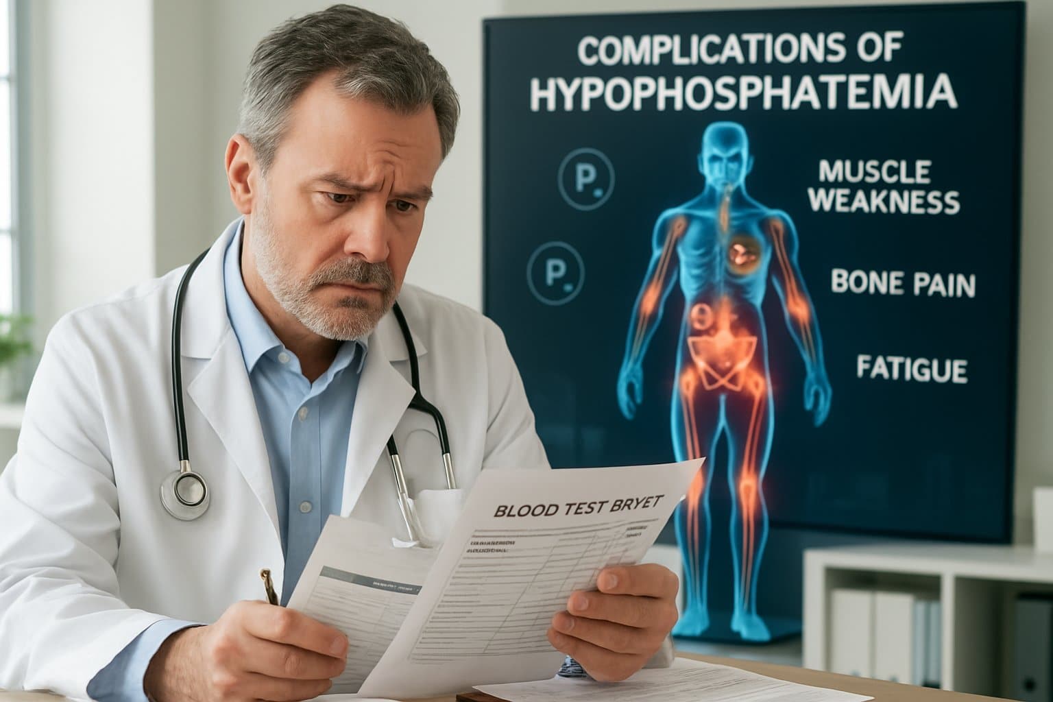 Doctor reviewing medical charts with a digital visualization of the human body highlighting areas affected by low blood phosphorus.