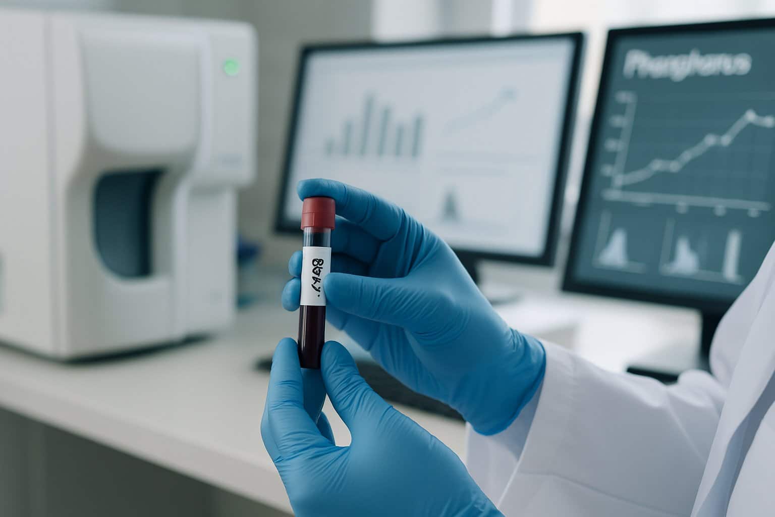 Healthcare professional handling a blood sample in a medical laboratory with blood analysis equipment in the background.