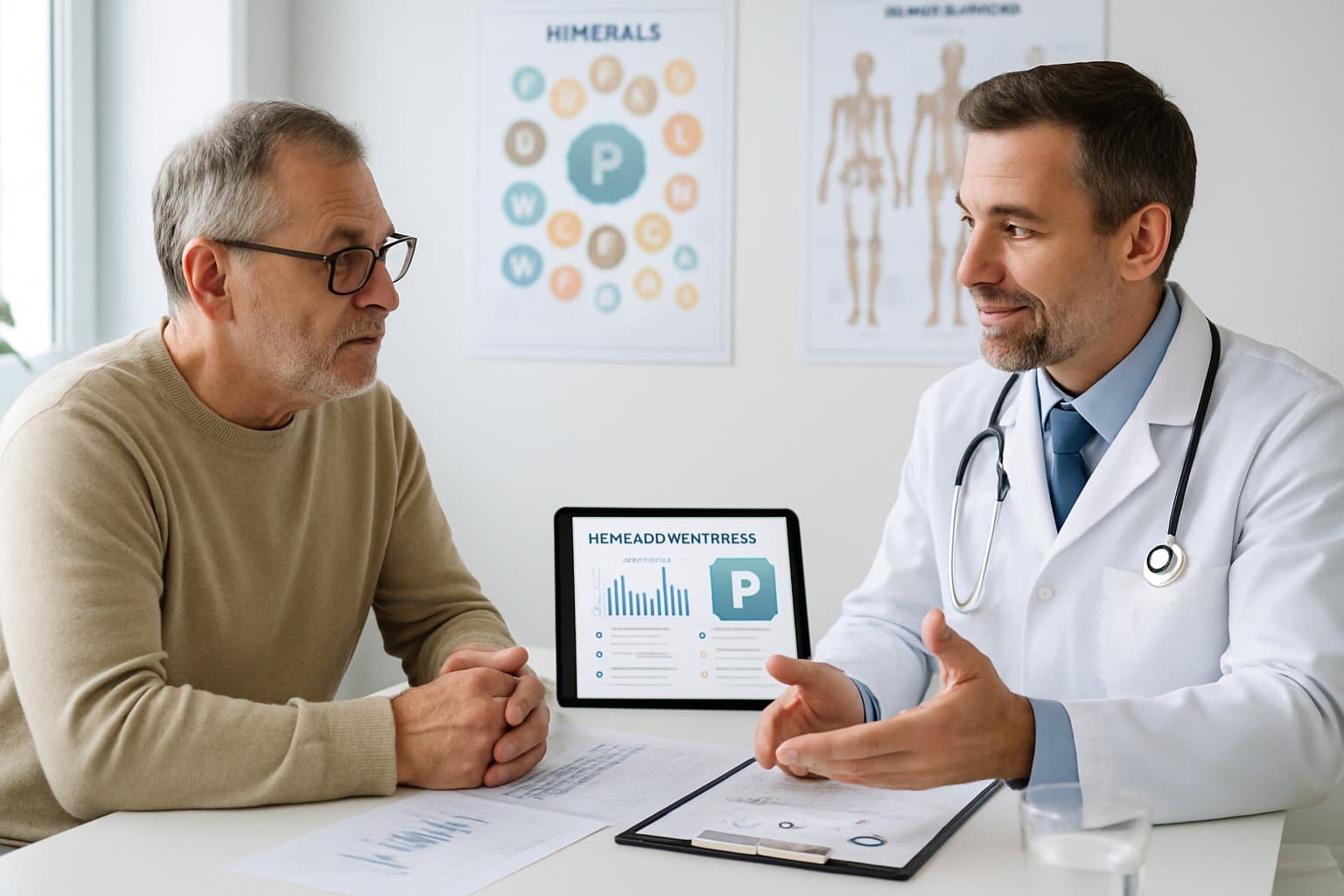 A doctor consulting with a patient in a medical office, discussing treatment options related to low blood phosphorus.
