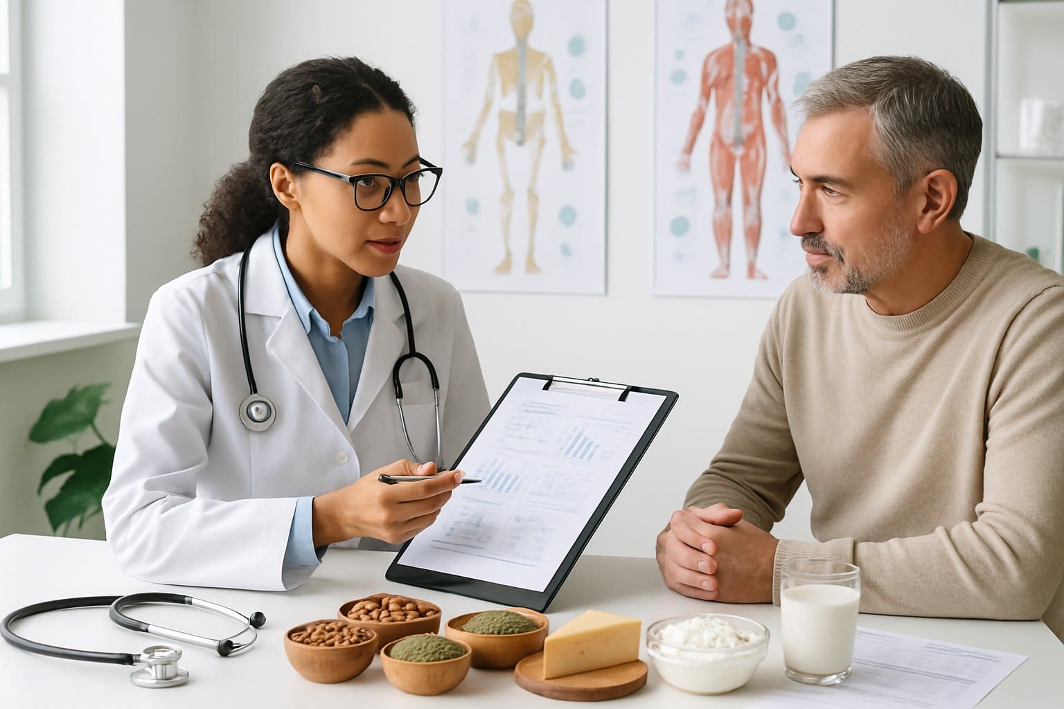 A doctor consulting with a patient in a medical office, discussing health management with healthy foods and medical charts on the desk.
