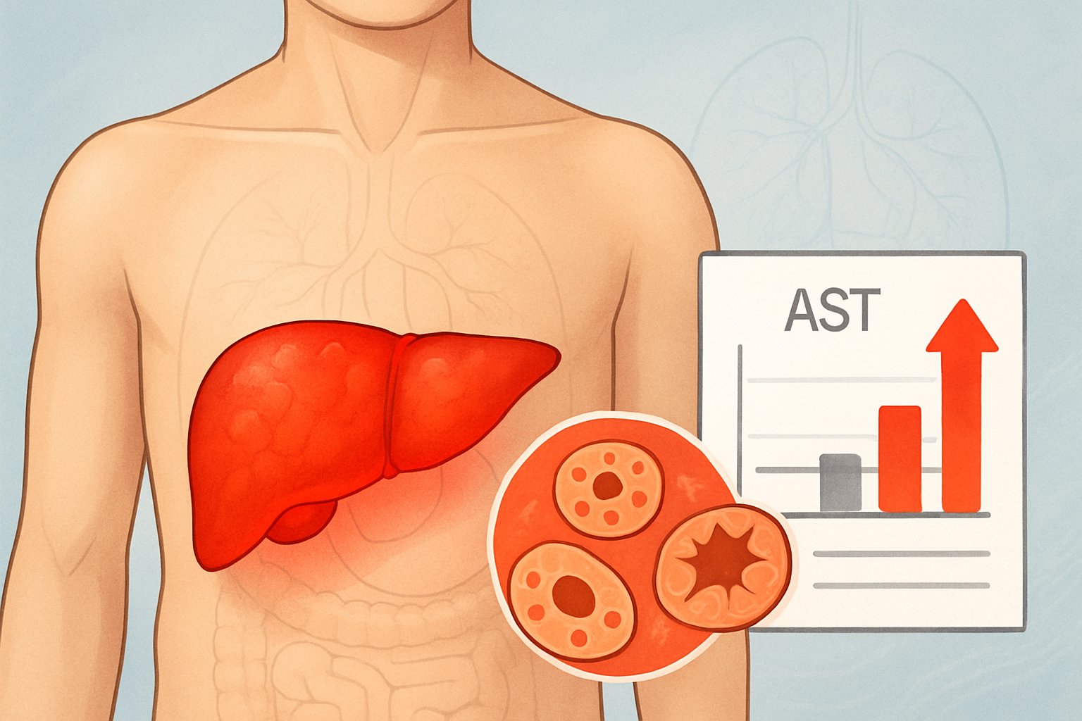 Illustration of a human torso highlighting the liver with signs of inflammation and a nearby blood test graph showing elevated enzyme levels.