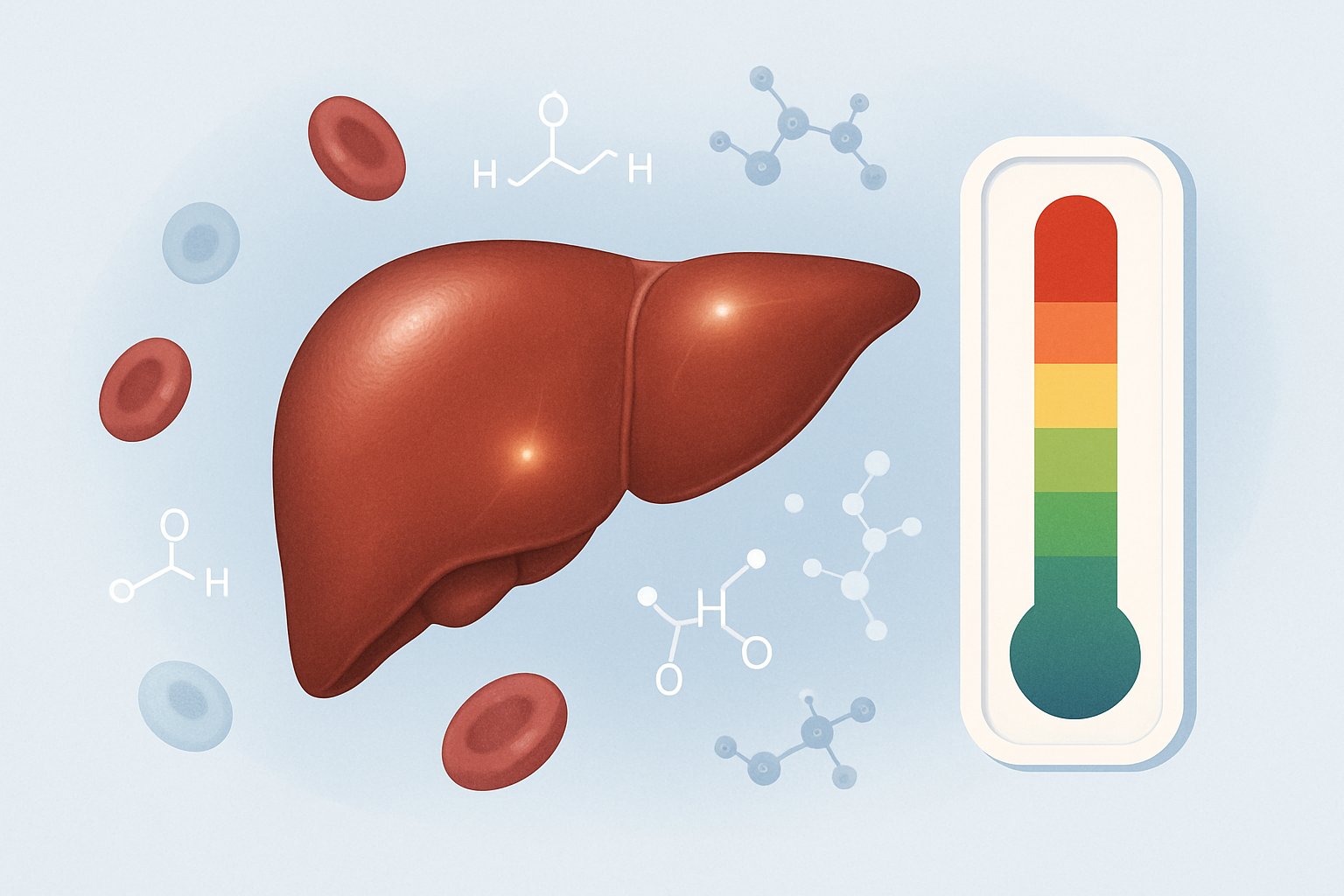 An illustration of a human liver with blood cells and molecules around it, alongside a color gradient gauge indicating normal to high enzyme levels.