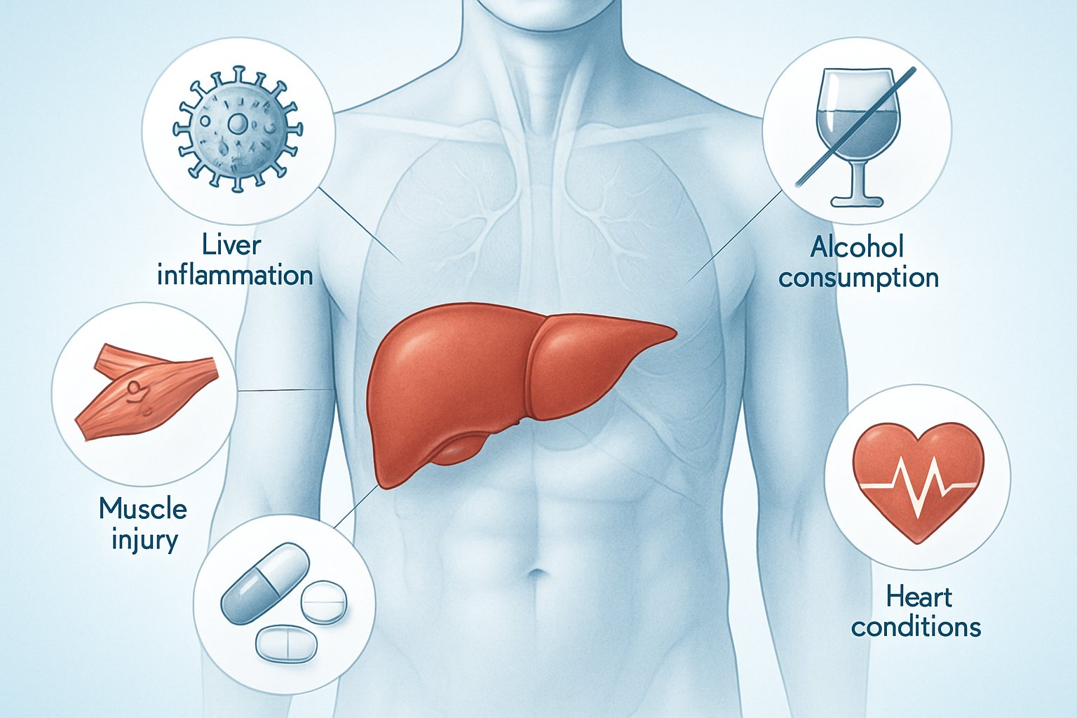 Illustration of a human torso highlighting the liver surrounded by icons representing causes of high AST levels including liver inflammation, alcohol, muscle injury, medications, and heart conditions.
