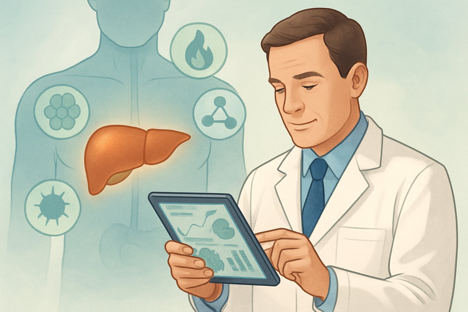 A doctor reviewing liver-related data on a tablet with a glowing liver highlighted in a human torso illustration.