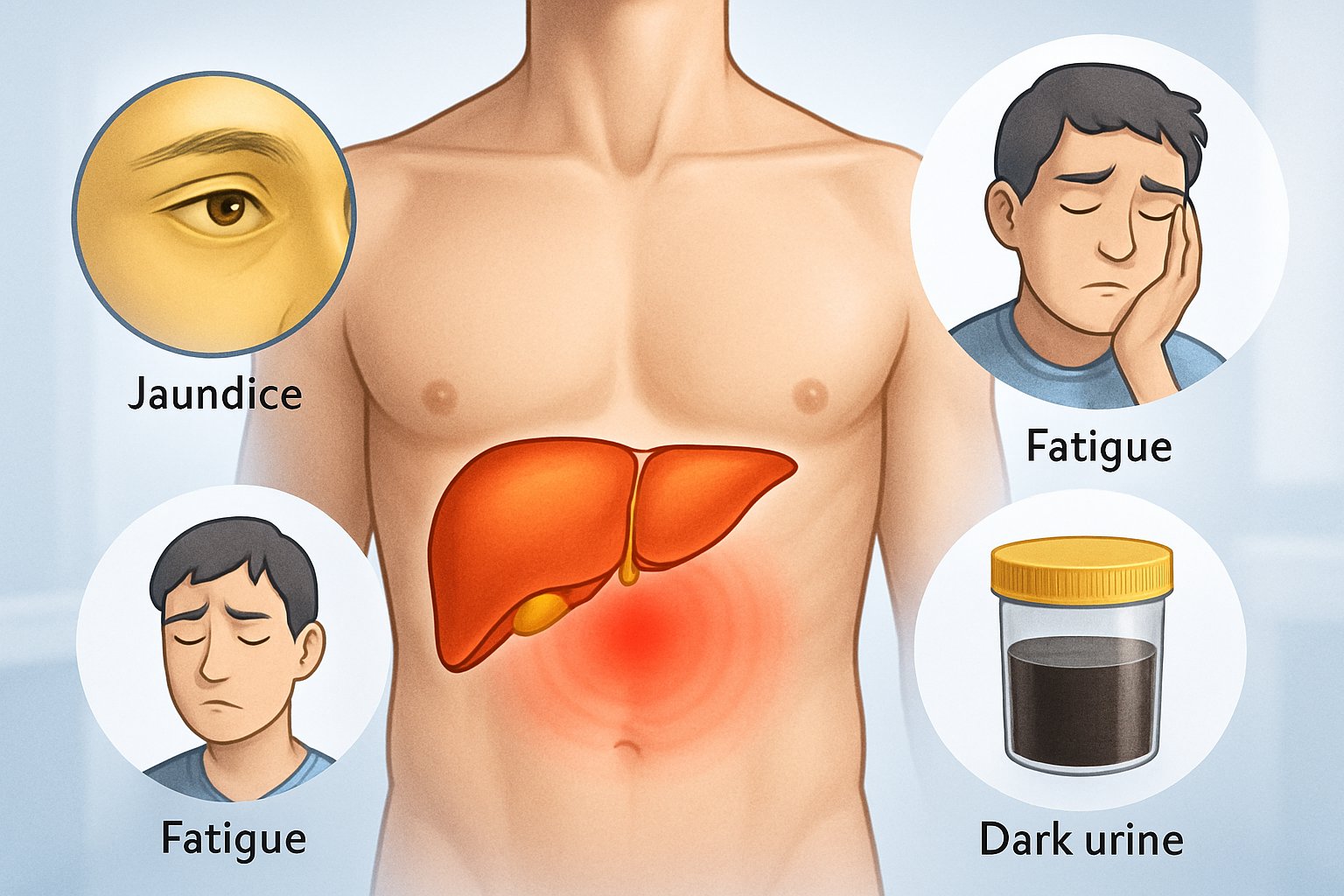 Illustration of a human torso highlighting the liver with visual indicators of symptoms like jaundice, fatigue, abdominal pain, and dark urine.