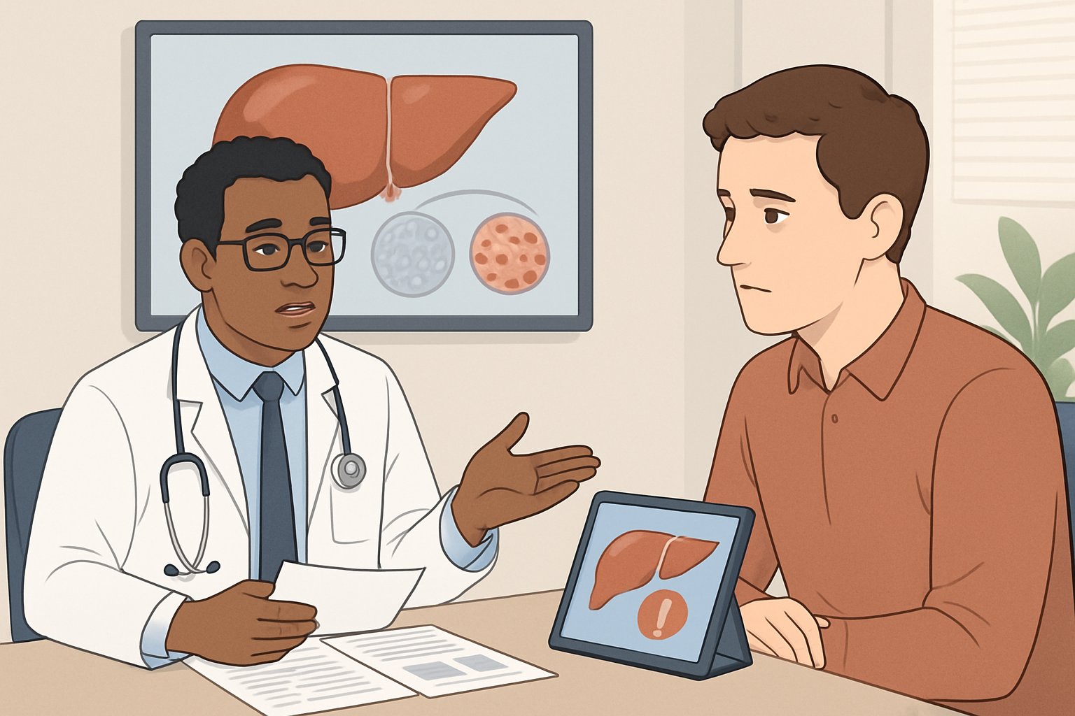 A doctor explains liver health to a patient in a medical office, with a liver diagram visible in the background.