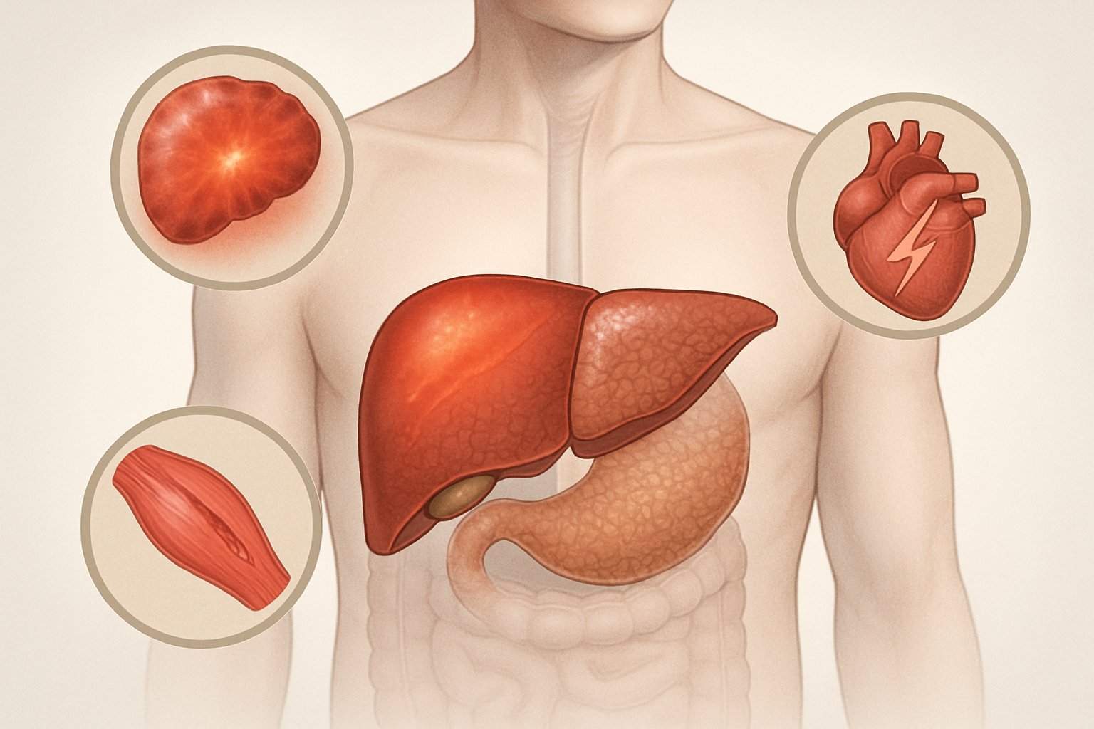 Illustration of a human torso focusing on the liver with visual indicators of liver damage and related complications.