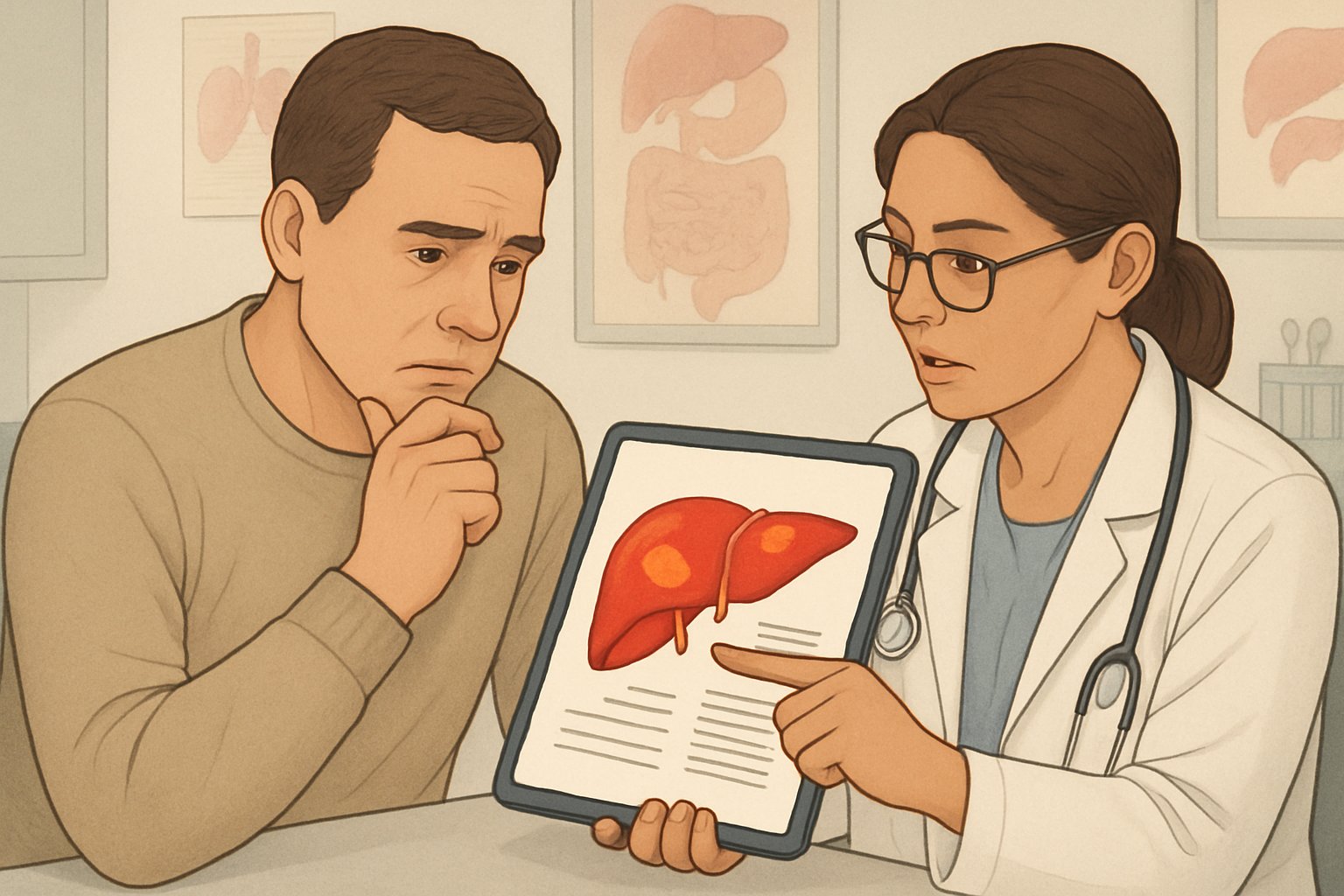 A patient and doctor discussing liver health with a liver diagram showing elevated AST levels.