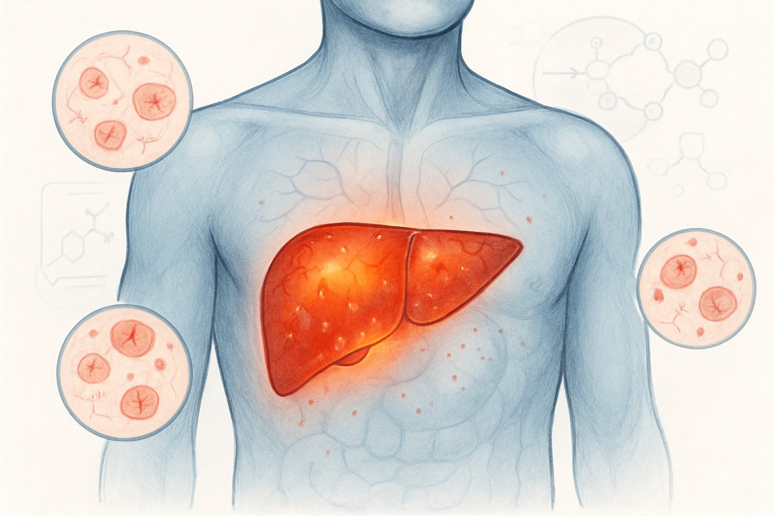Human torso with highlighted liver showing signs of inflammation and liver cells with subtle damage, illustrating elevated ALT levels.