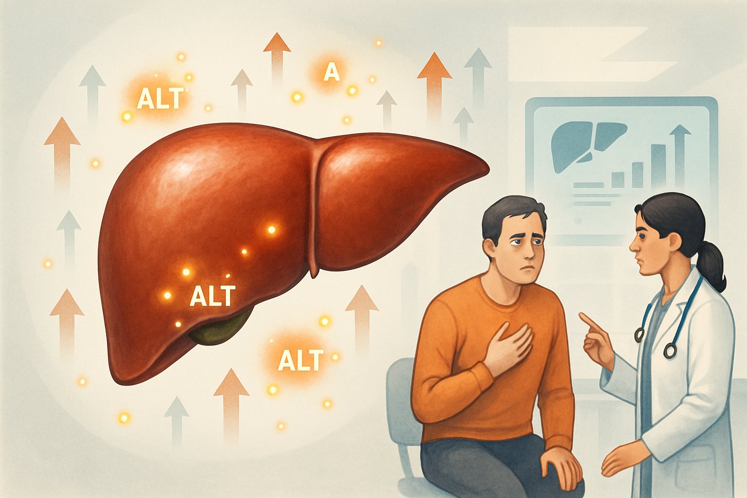 A detailed illustration of a human liver with enzyme symbols and arrows indicating high ALT levels, alongside a patient talking to a healthcare professional reviewing liver health data.