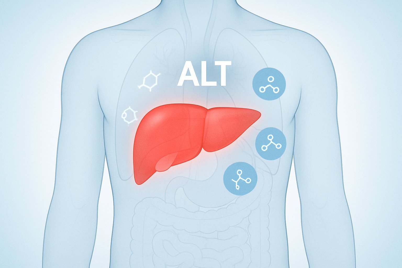 Illustration of a human torso highlighting the liver area with red to show high activity or inflammation, surrounded by small enzyme symbols.