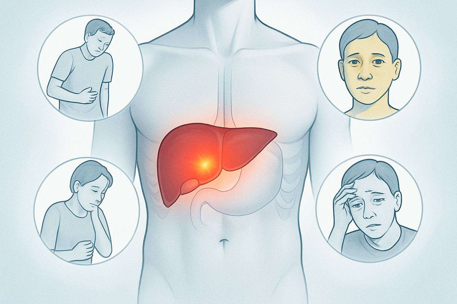 Human torso showing a highlighted liver with visual icons representing abdominal pain, jaundice, fatigue, and nausea as symptoms of high ALT levels.