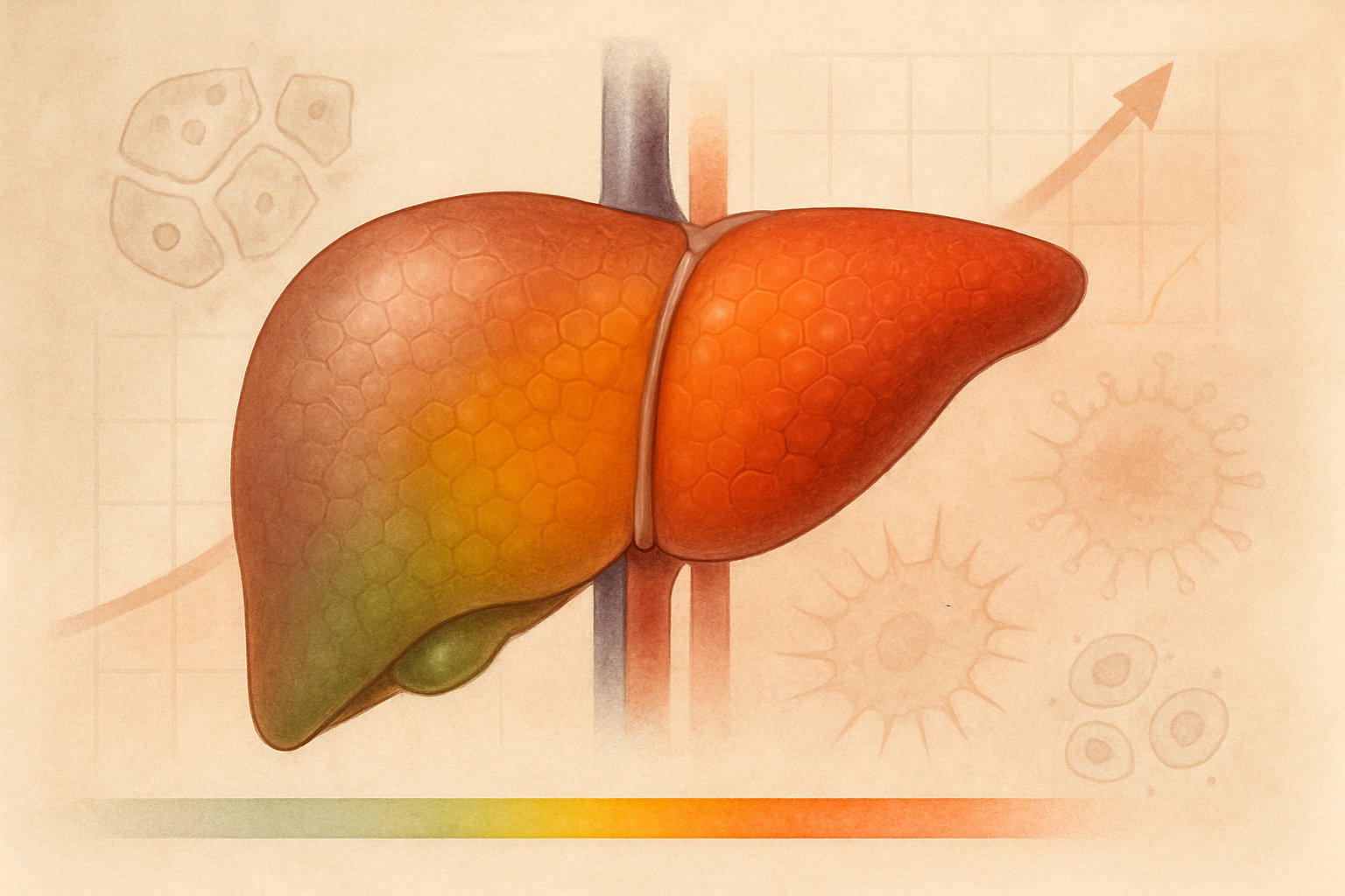 An illustration of a human liver with a color gradient showing increasing severity of high ALT levels and visual elements indicating liver cell damage and inflammation.