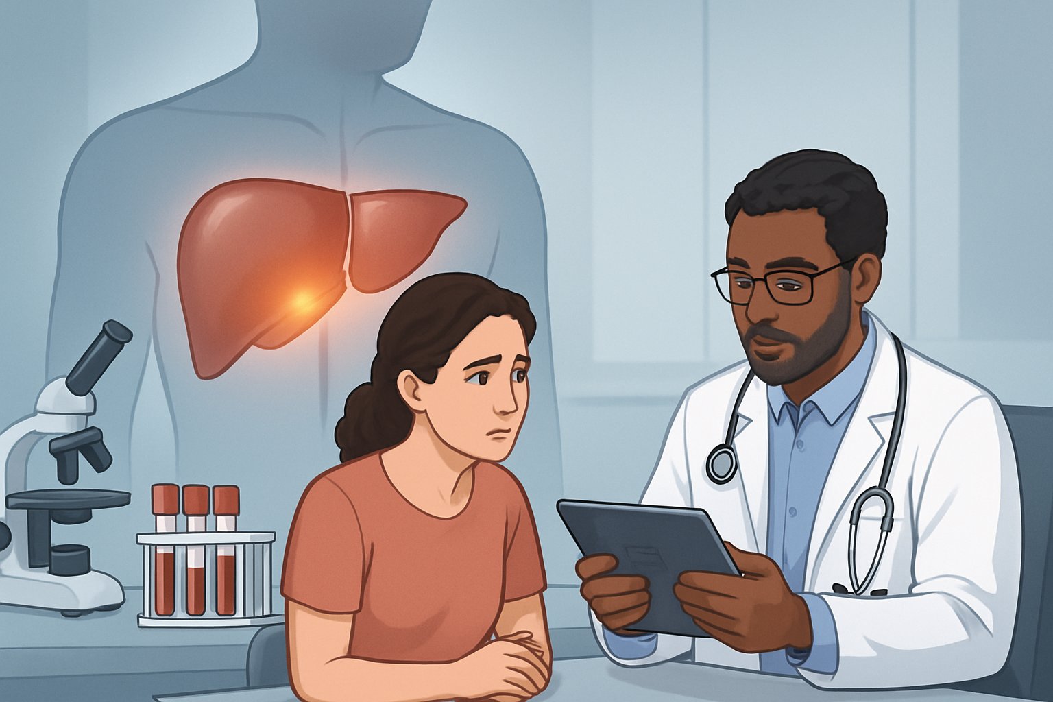 A doctor reviewing test results with a patient in a medical office, with a 3D liver model and medical equipment visible in the background.