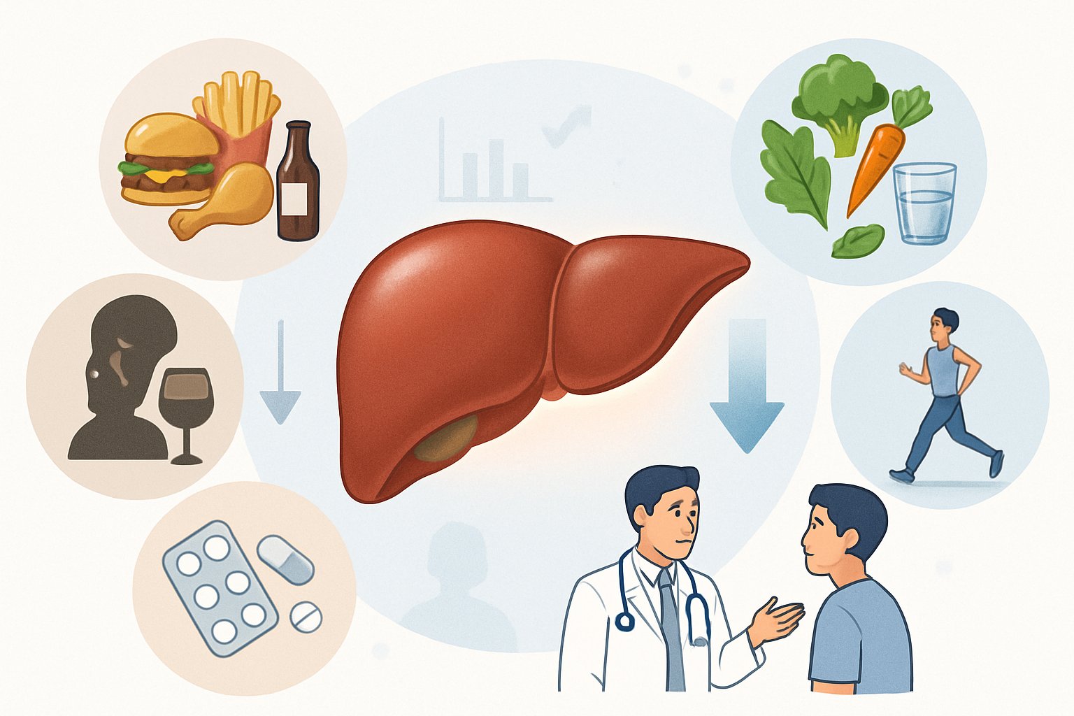 Illustration showing a healthy human liver surrounded by symbols of unhealthy habits and positive lifestyle choices, with a doctor consulting a patient.