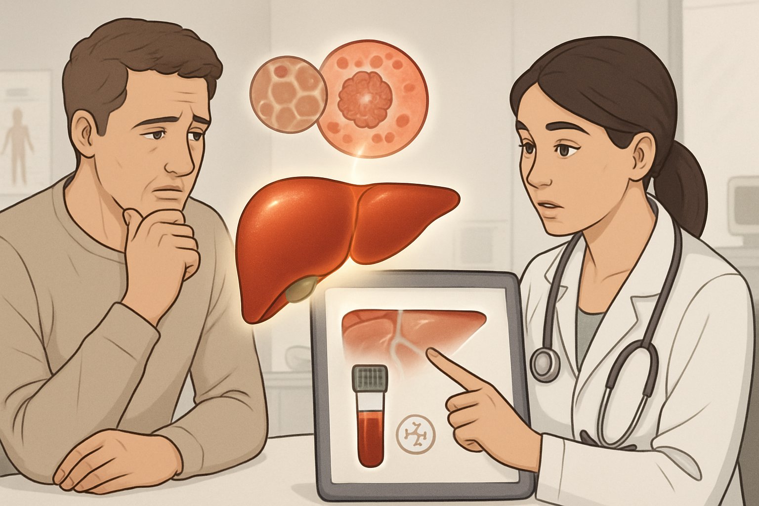 A patient and healthcare professional discussing liver health with a detailed illustration of a liver highlighted, showing signs of mild inflammation.