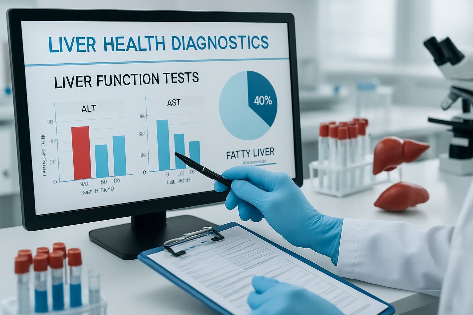 A medical professional pointing at liver enzyme test results on a computer screen in a laboratory setting.