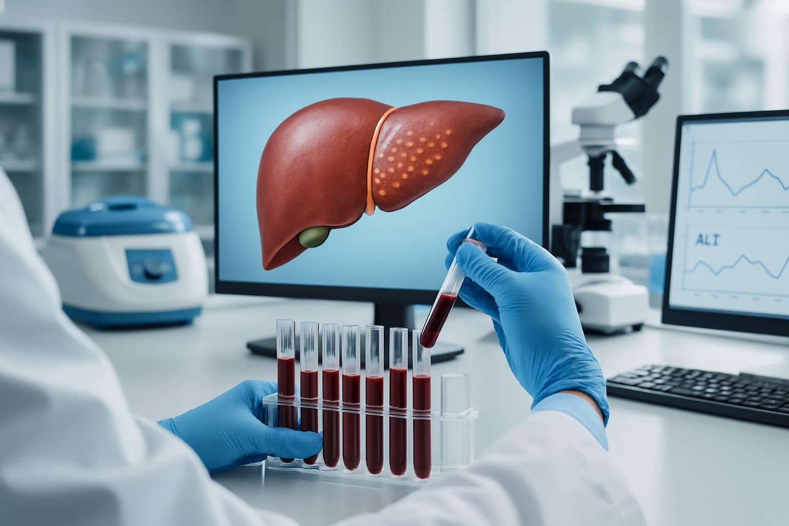 A scientist in a lab coat examines blood samples with a digital screen showing a human liver model highlighting fatty liver disease in a medical laboratory.