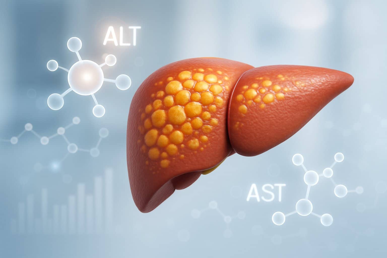 Close-up of a human liver model with highlighted fatty areas and visual representations of enzymes indicating ALT is higher than AST.