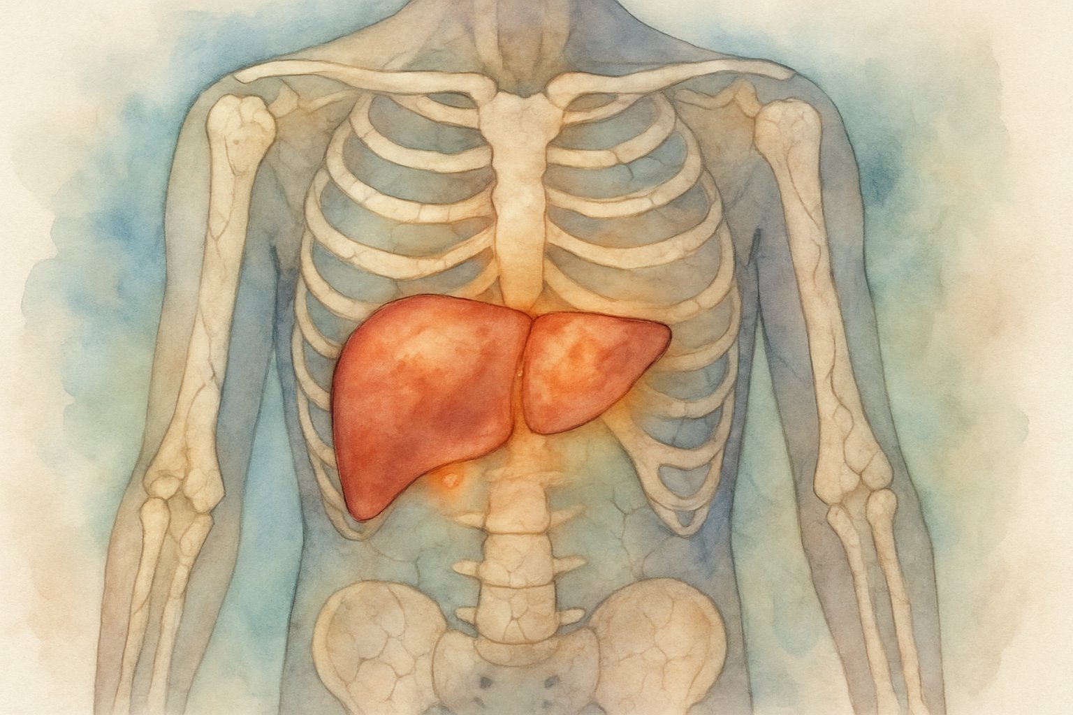 A human body showing highlighted liver and bones with signs of stress and damage.