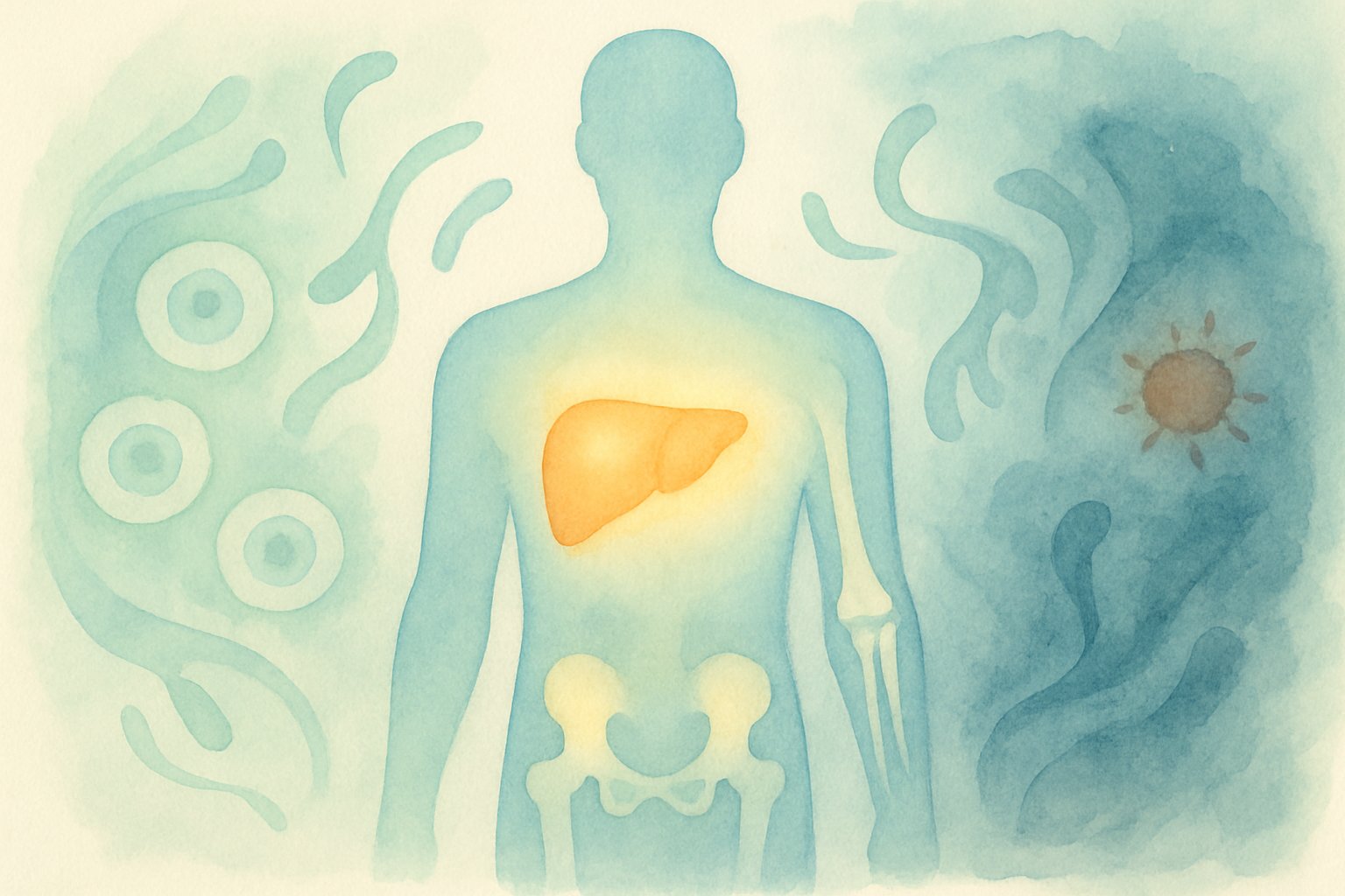 A human figure with highlighted liver and bones surrounded by abstract shapes representing enzymes and body processes, showing balance and imbalance in health.