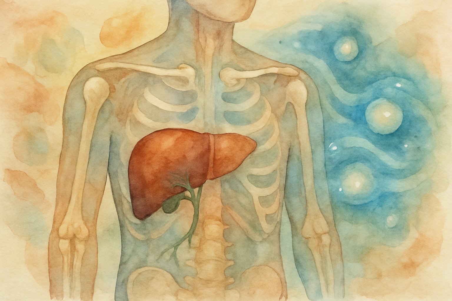 A watercolor painting showing a human torso with highlighted liver, bones, and bile ducts surrounded by glowing orbs representing high enzyme levels.