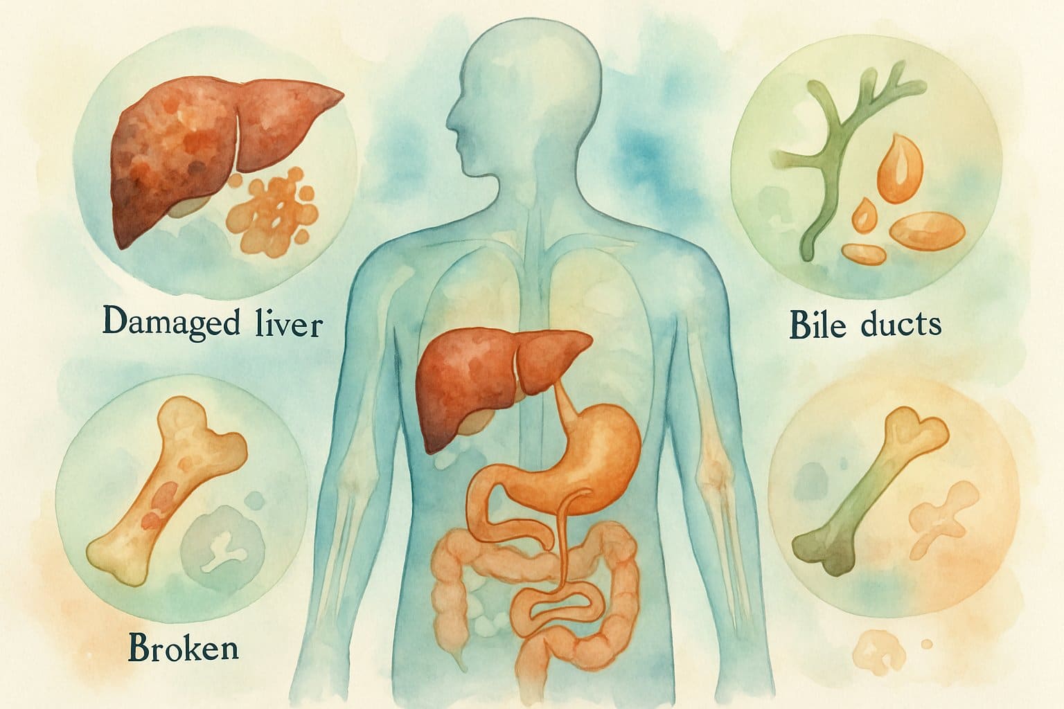 A human figure showing highlighted liver, bones, and bile ducts with surrounding symbolic elements representing causes of high ALP in the body.
