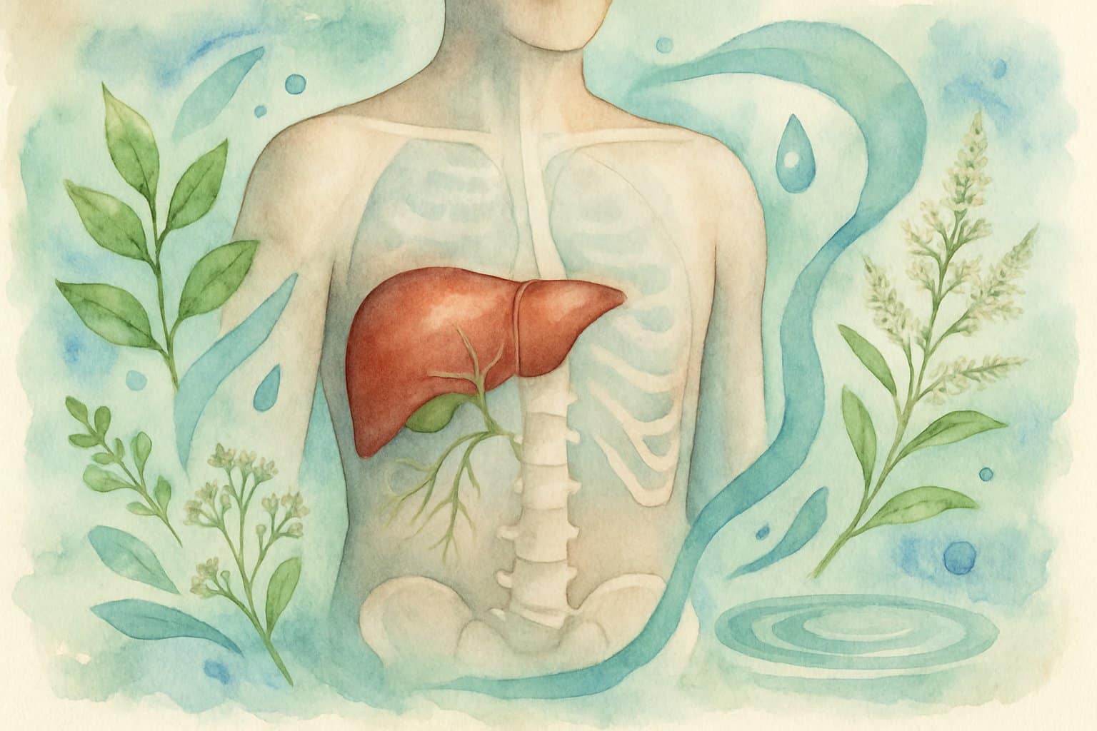 A human torso with highlighted liver and bones surrounded by leaves and water droplets symbolizing health and healing.