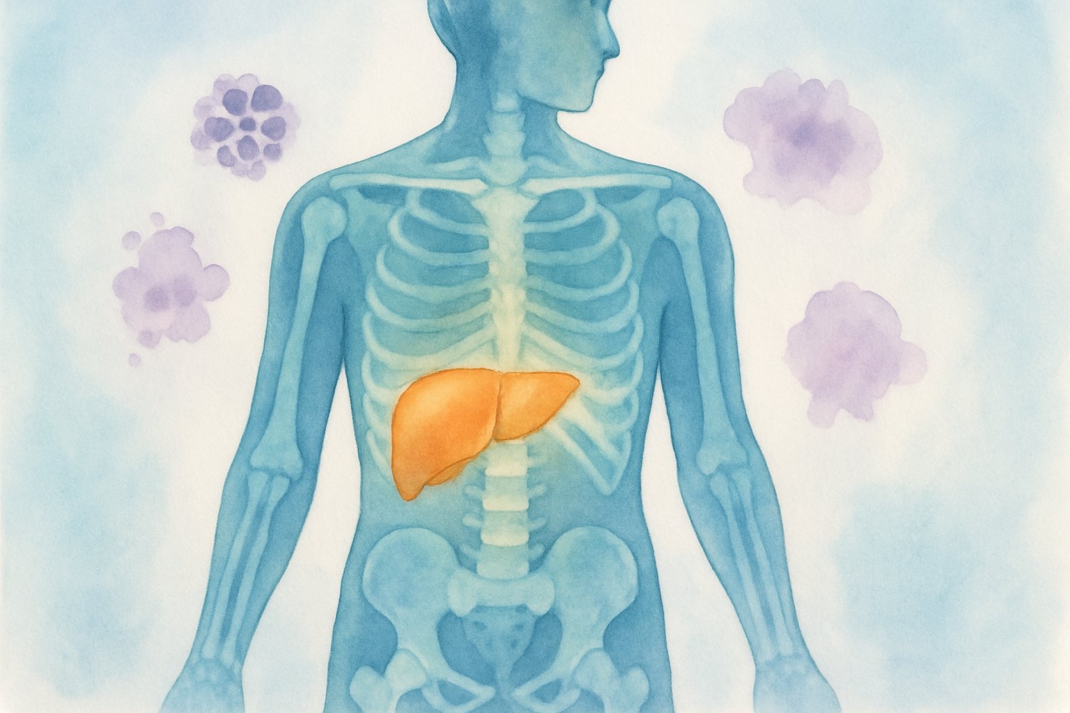 A semi-transparent human figure highlighting bones and liver areas with glowing colors, surrounded by abstract shapes representing other organs.