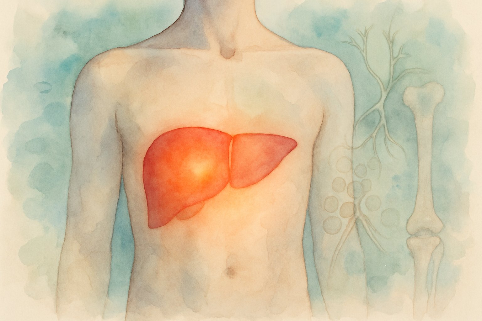A watercolor painting showing a human torso with emphasis on the liver area and surrounding biological elements representing body systems affected by high ALP.