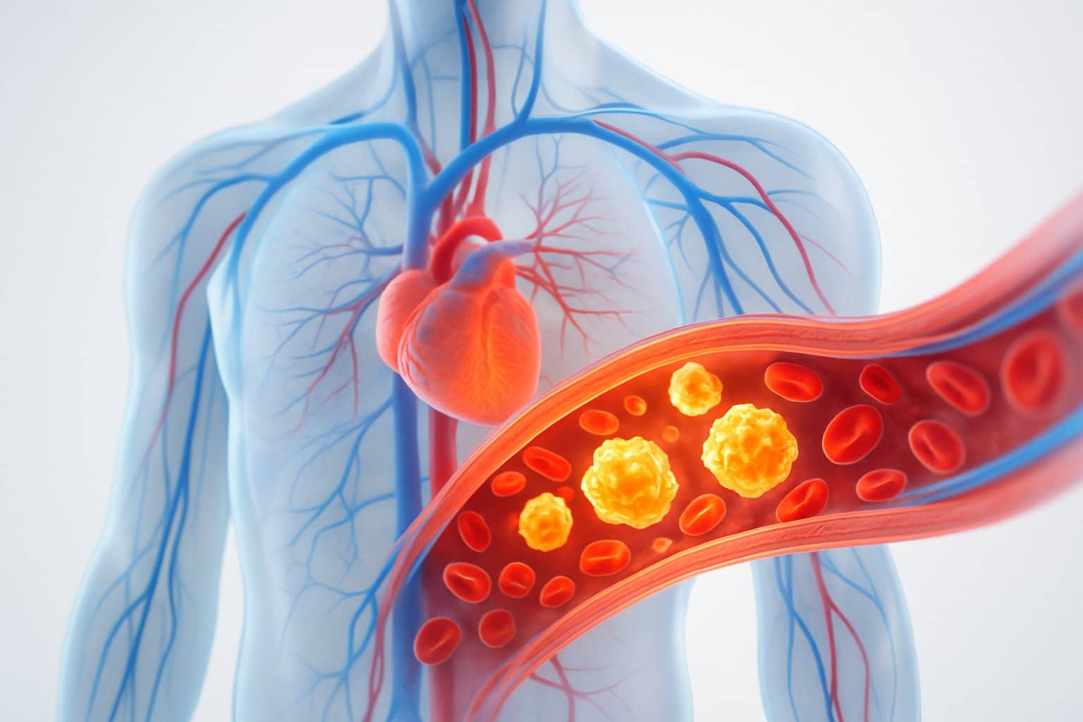 Close-up of a transparent human torso showing glowing blood vessels with floating protein molecules inside the bloodstream.