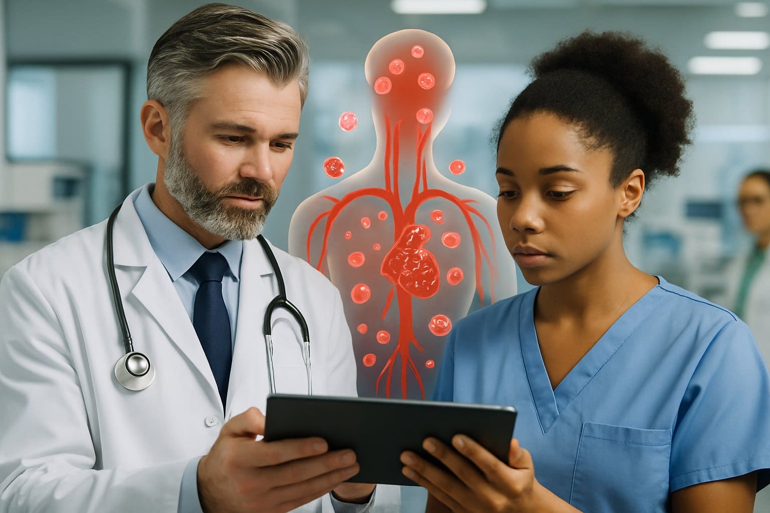 Medical professionals reviewing blood test results with a digital tablet in a modern laboratory setting, with a background showing a human circulatory system highlighting blood vessels.