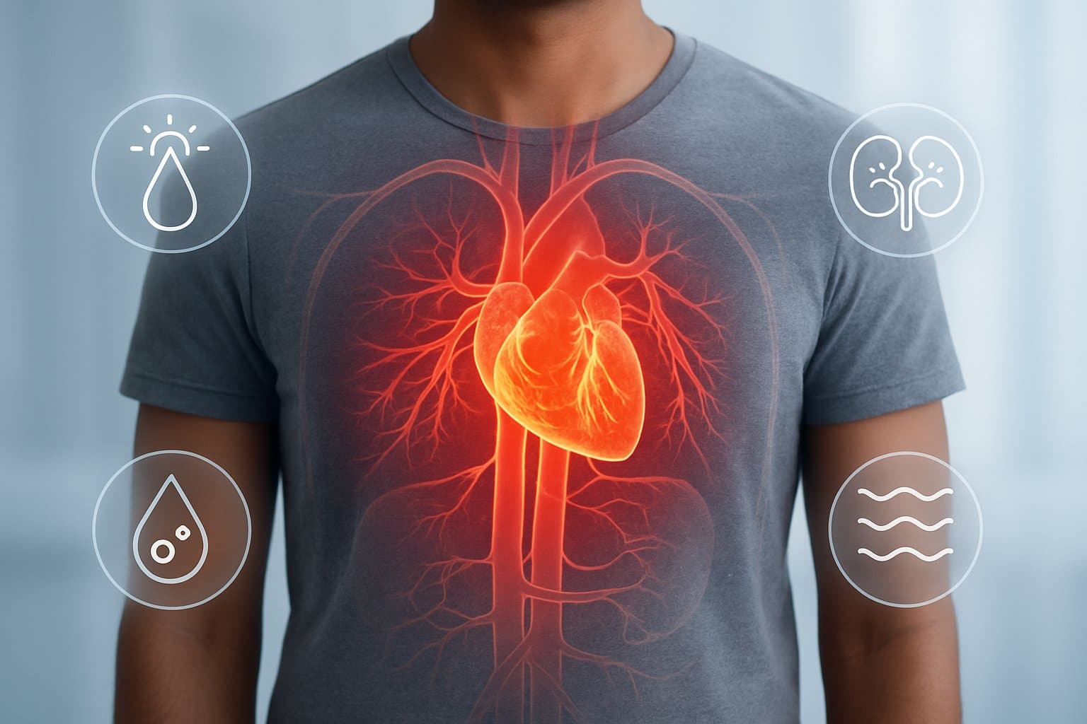 Close-up of an adult human torso with highlighted blood vessels and medical icons illustrating effects of high albumin in the blood.