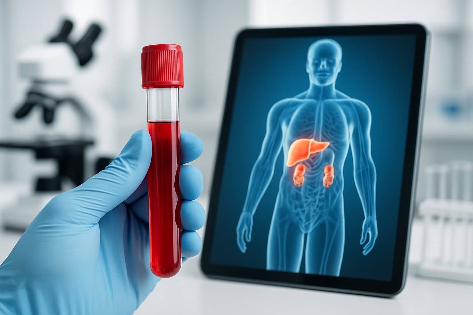 A close-up of a blood sample vial held by a gloved hand in a lab, with medical equipment and a digital tablet showing a human body illustration in the background.