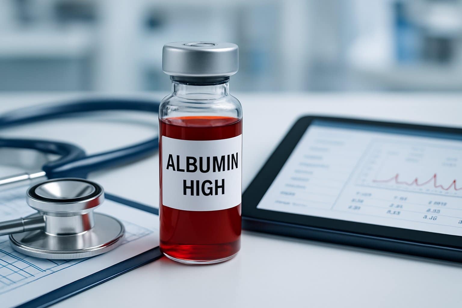 Close-up of a blood vial on a medical table with a stethoscope, clipboard, and digital tablet showing blood test data in a laboratory setting.