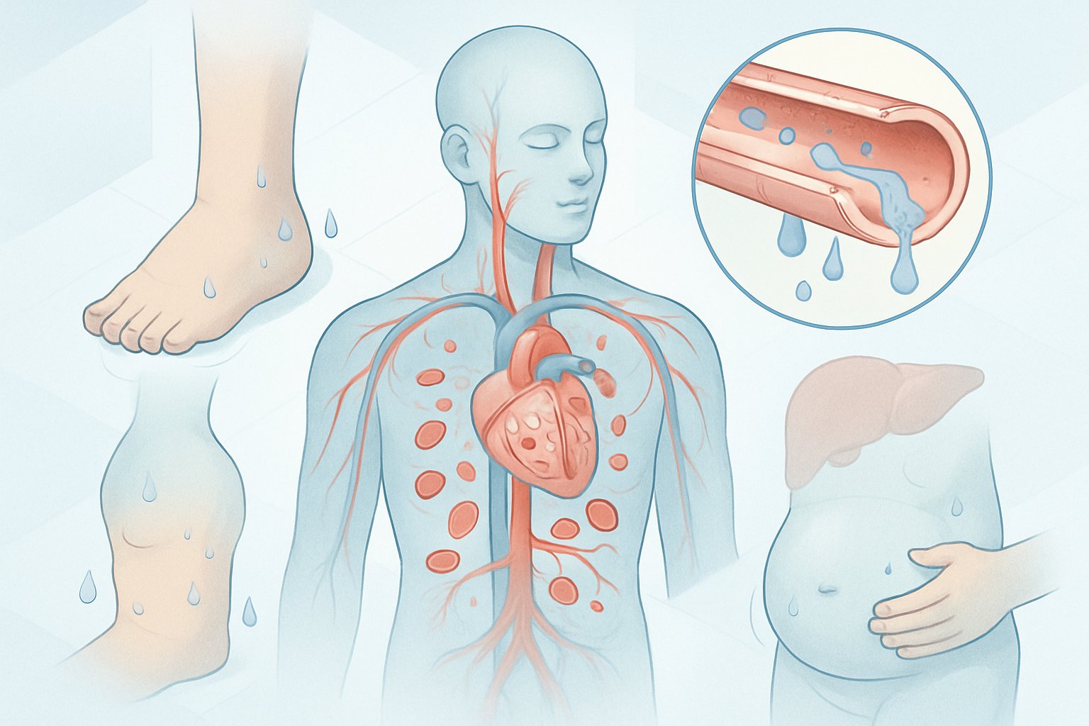 A human figure showing blood vessels with fluid leaking into surrounding tissues, swollen legs and abdomen, and a faint liver outline to represent effects of low albumin in the blood.