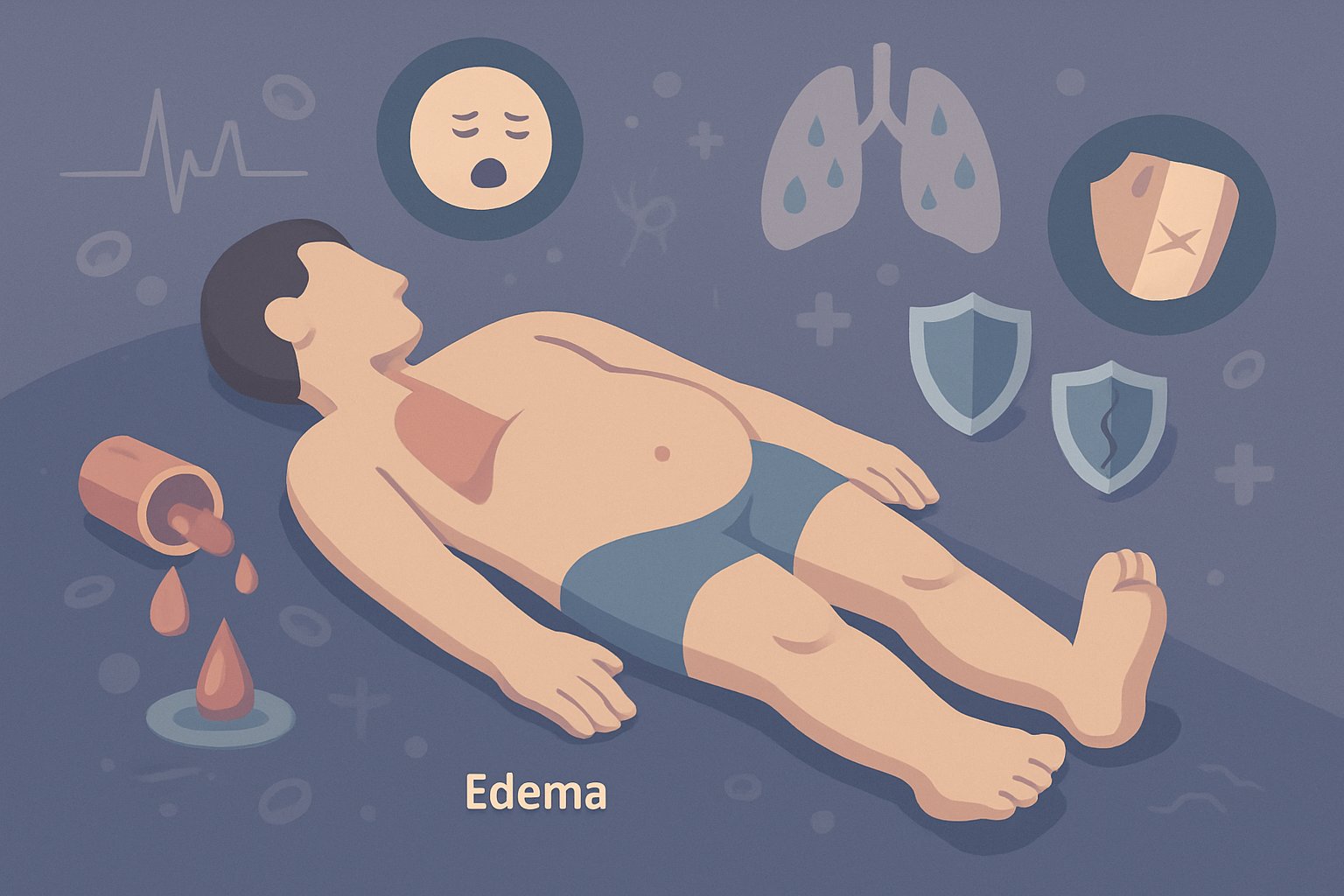 Cutaway view of a human body showing swollen legs and abdomen, weakened immune system, muscle loss, and fluid buildup, illustrating complications from low blood albumin levels.