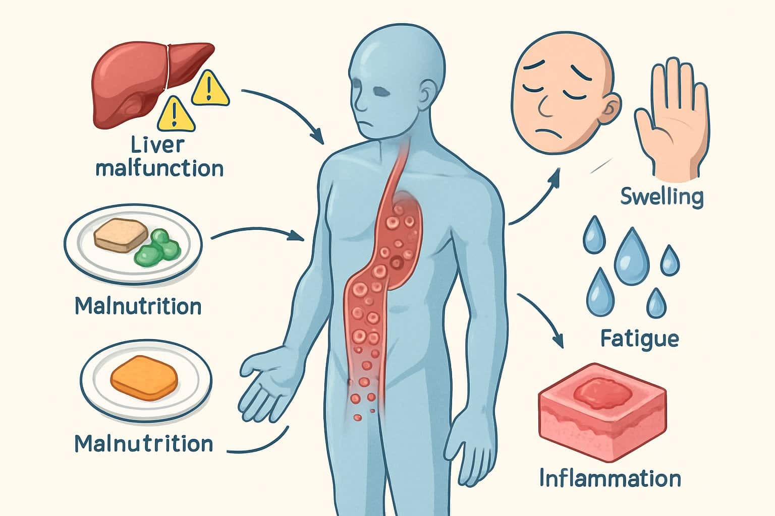 An isometric illustration showing a human body with highlighted bloodstream and icons representing causes of low albumin like liver and kidney issues, malnutrition, and inflammation, along with effects such as swelling and fatigue.