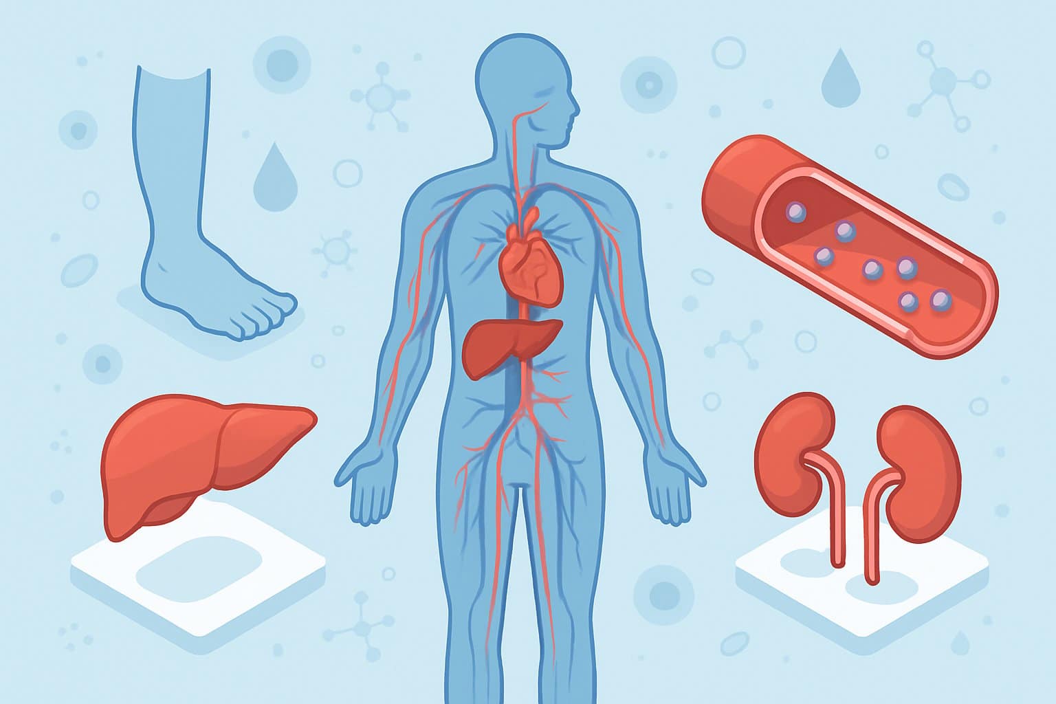 An isometric illustration of a human body showing effects of low blood albumin, including swollen limbs, liver, kidneys, and blood vessels with fewer albumin molecules.
