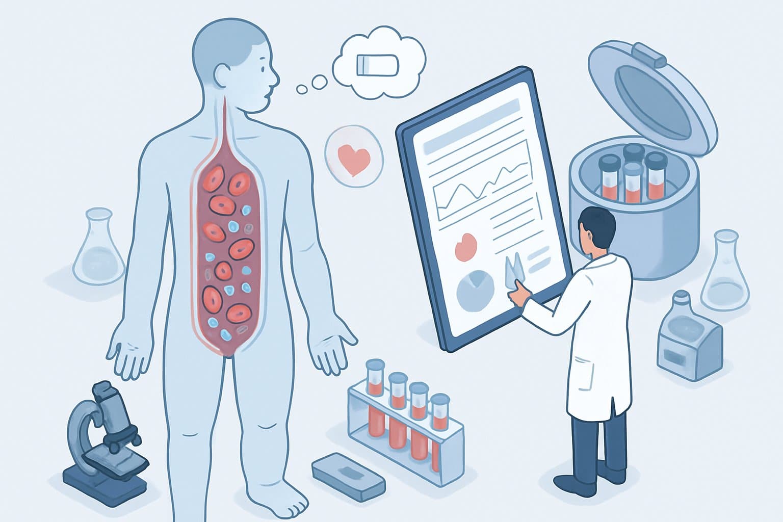 An isometric illustration showing a human body with highlighted bloodstream, a medical professional examining blood test results, and medical equipment representing diagnosis of low albumin effects.