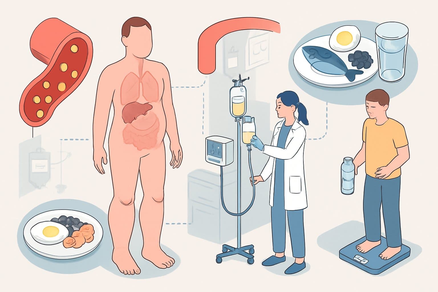 An isometric illustration showing a human body with swollen legs and abdomen, blood vessels with fewer albumin molecules, a healthcare worker giving an IV treatment, and nearby healthy foods and monitoring equipment representing treatment for low blood albumin.