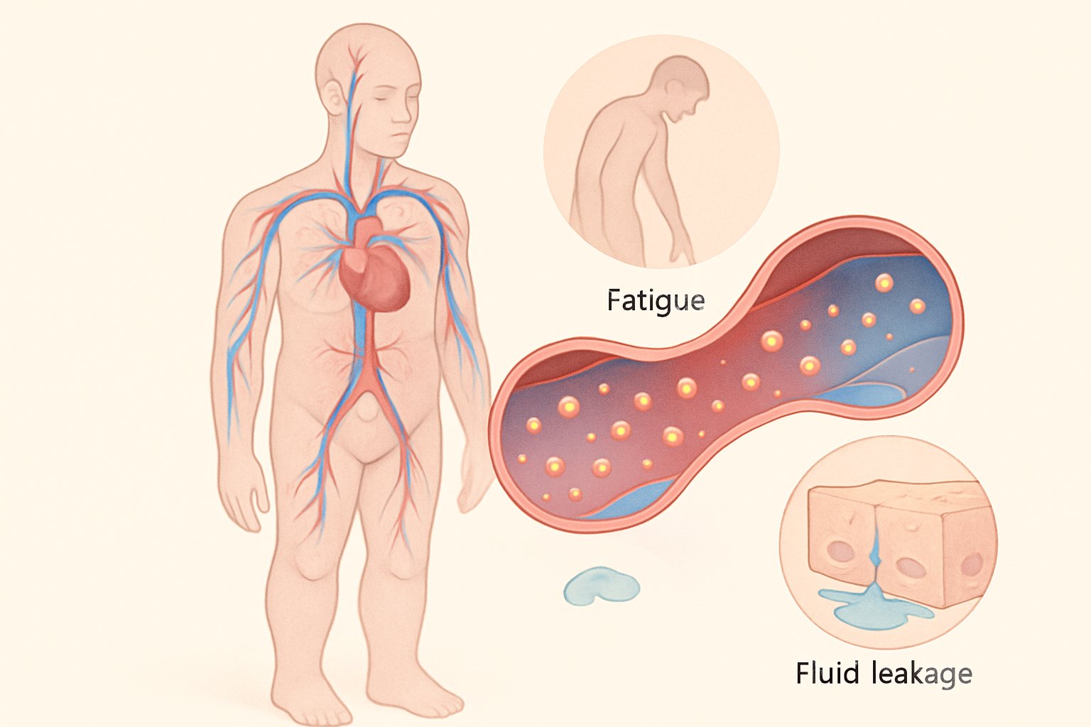 A human figure showing veins and arteries with reduced protein particles in the blood and signs of swelling in the legs and abdomen.