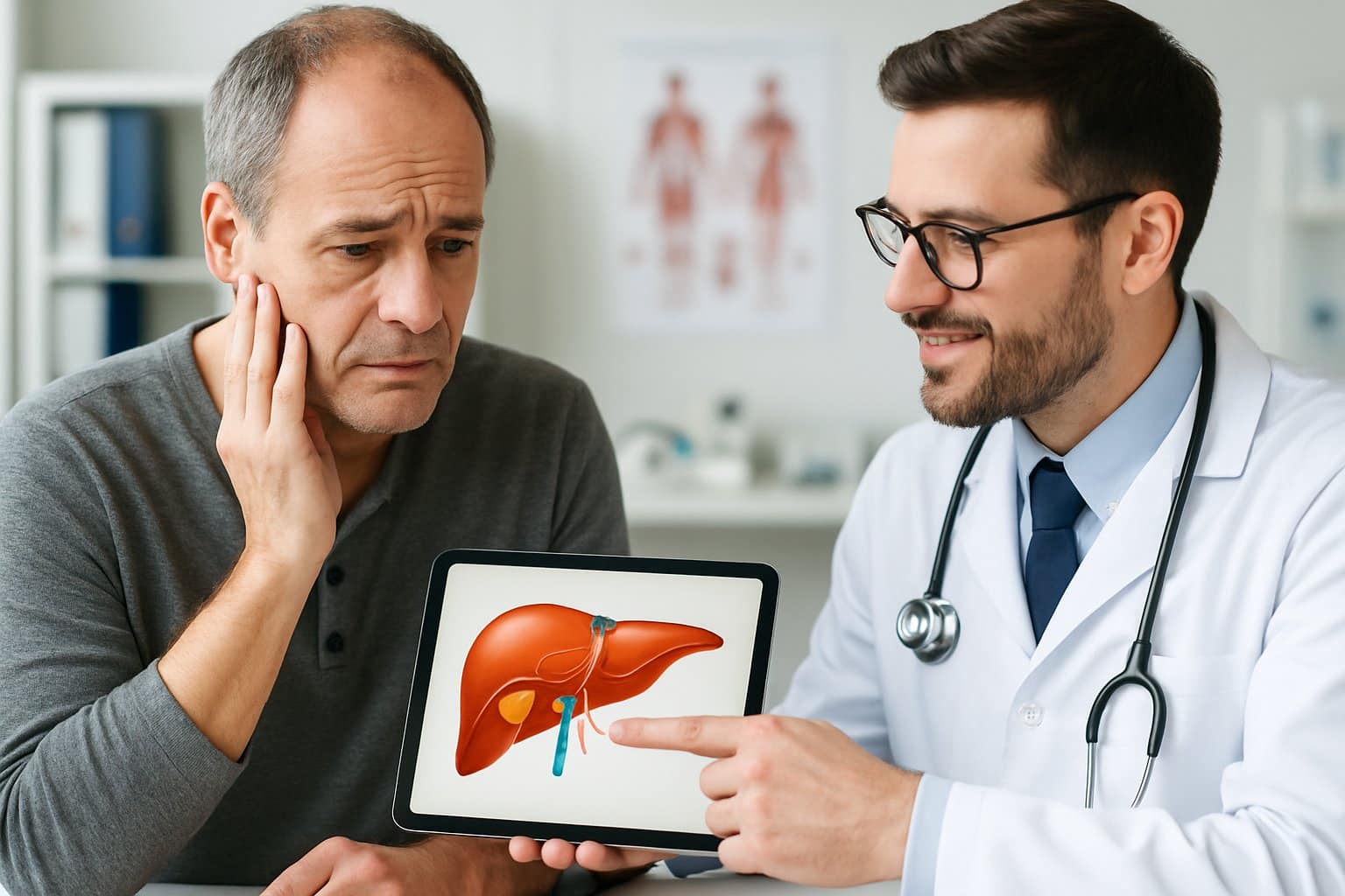 A man consulting a doctor in a medical office as the doctor explains liver test results using a digital tablet.