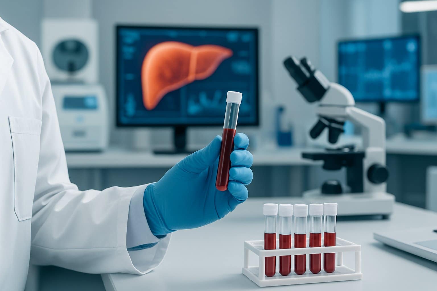 A healthcare professional in a lab coat holding a blood sample tube in a medical laboratory with lab equipment in the background.