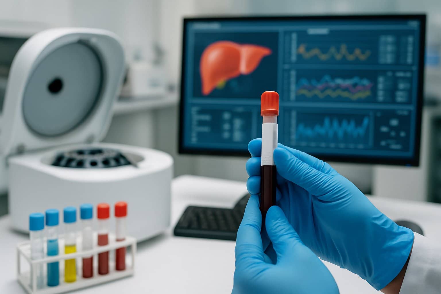 A healthcare professional holding a blood sample vial in a medical laboratory with lab equipment and a computer displaying data in the background.