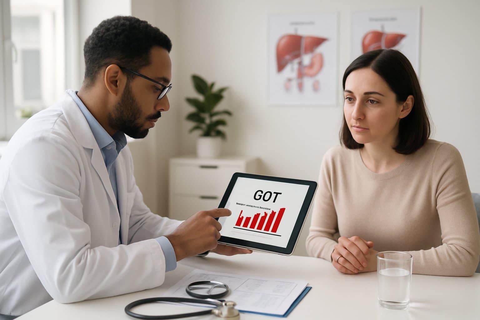 A doctor in a white coat discusses blood test results with a concerned patient in a modern medical office.