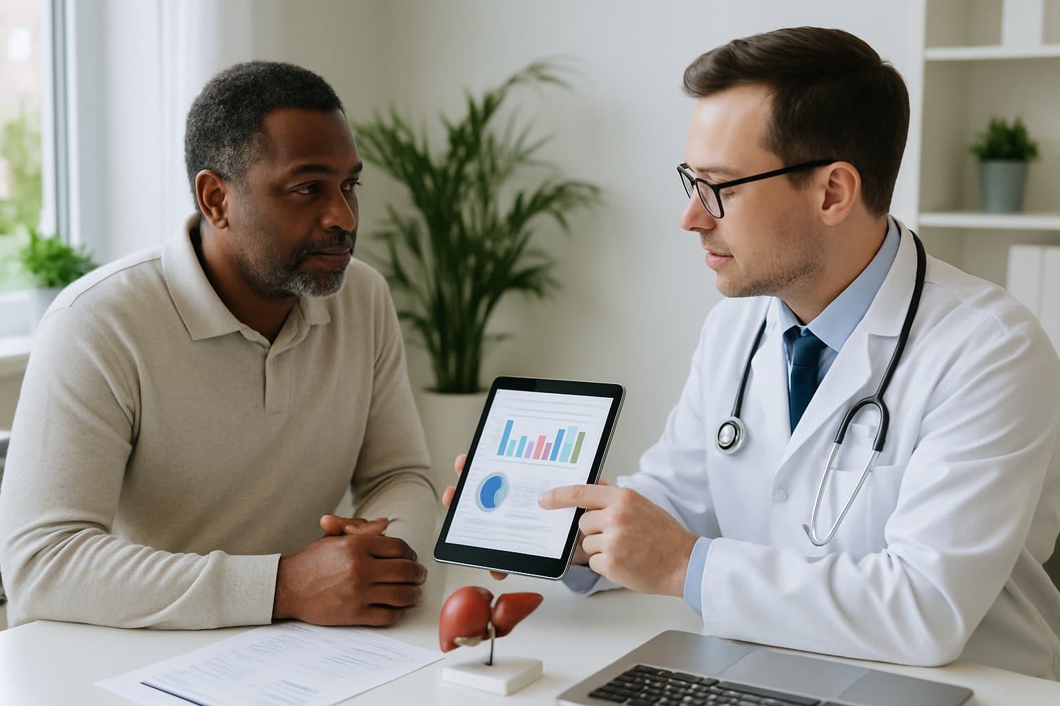 A doctor explains medical results to a patient in a bright office with medical charts and a liver model on the desk.