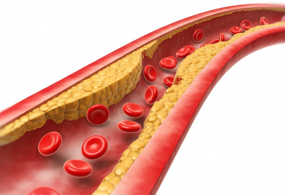 Cross-section of a human artery showing buildup of yellowish plaques narrowing the artery and red blood cells flowing through.